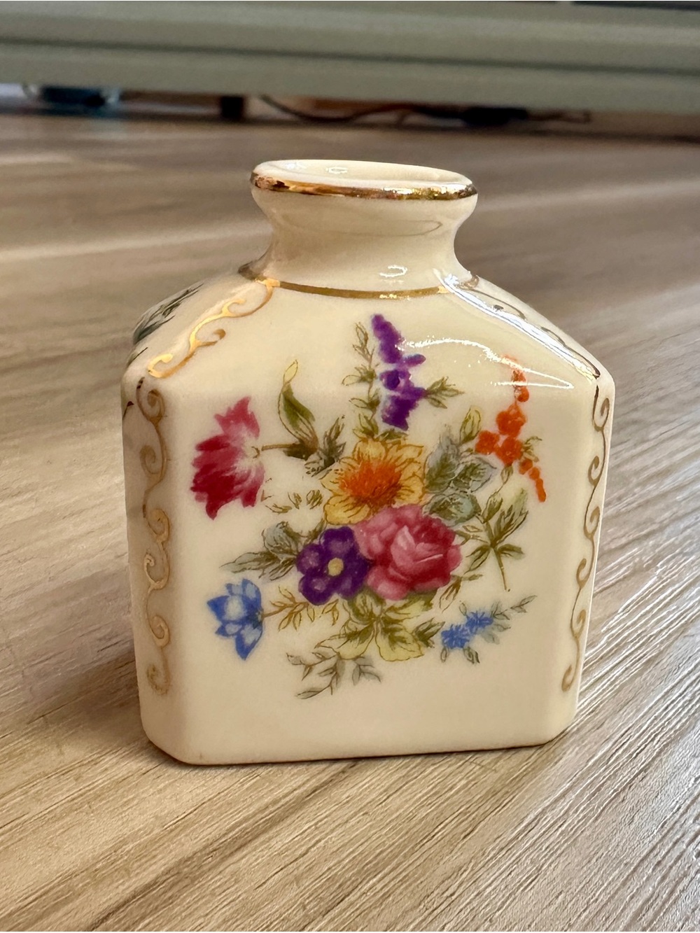 Vintage LSM Foreign Miniature Porcelain Floral Vase Bottle Gold Trim